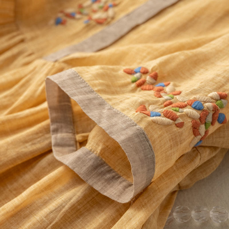 Robe mi-longue en coton et lin à manches mi-longues et broderie ethnique Buddha Stones Spring pour femme - image 4