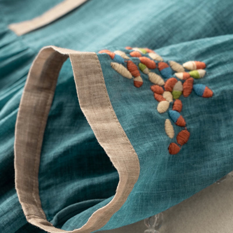 Robe mi-longue en coton et lin à manches mi-longues et broderie ethnique Buddha Stones Spring pour femme - image 7