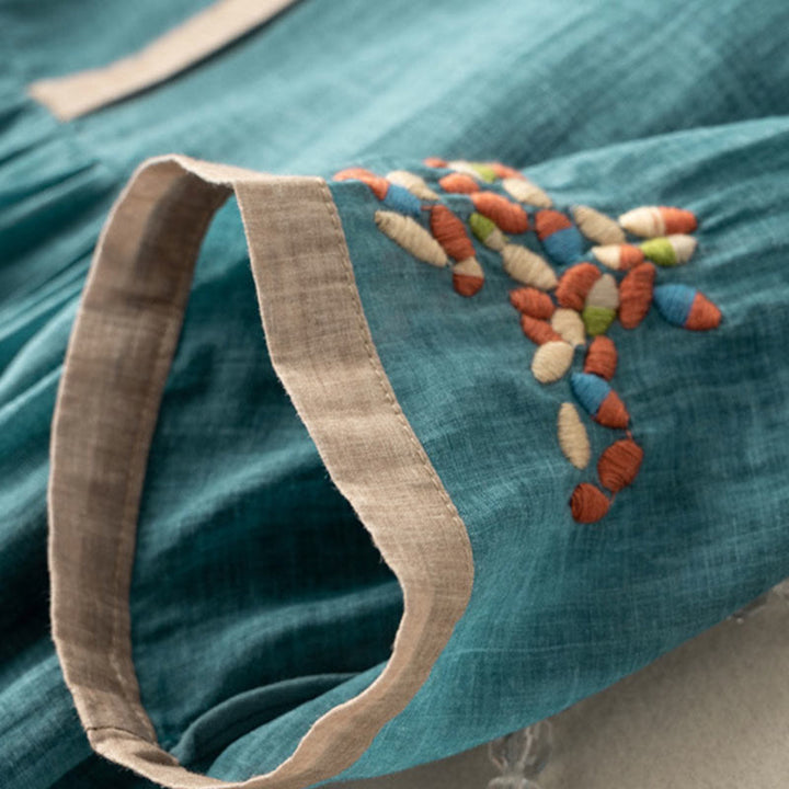 Robe mi-longue en coton et lin à manches mi-longues et broderie ethnique Buddha Stones Spring pour femme - image 8