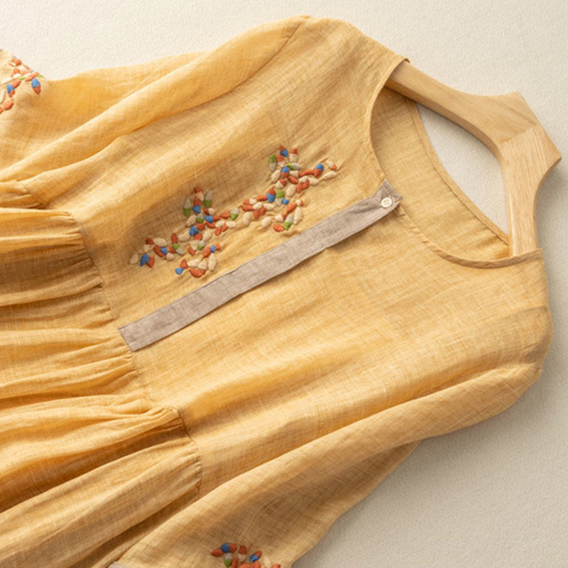 Robe mi-longue en coton et lin à manches mi-longues et broderie ethnique Buddha Stones Spring pour femme - image 4