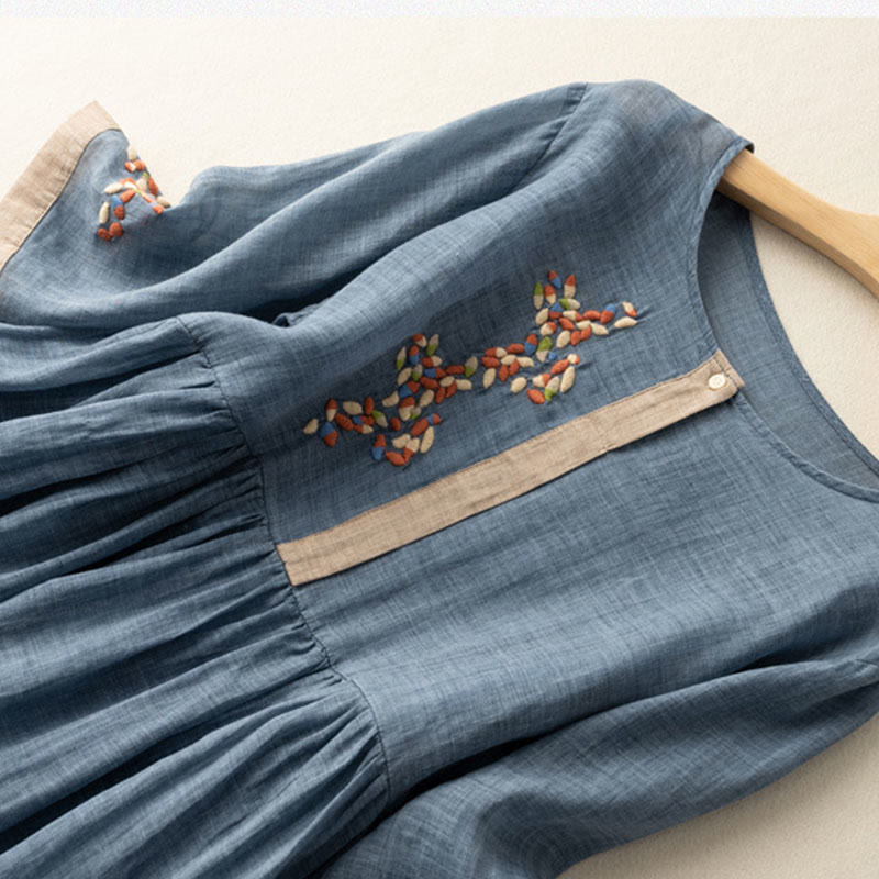 Robe mi-longue en coton et lin à manches mi-longues et broderie ethnique Buddha Stones Spring pour femme - image 12