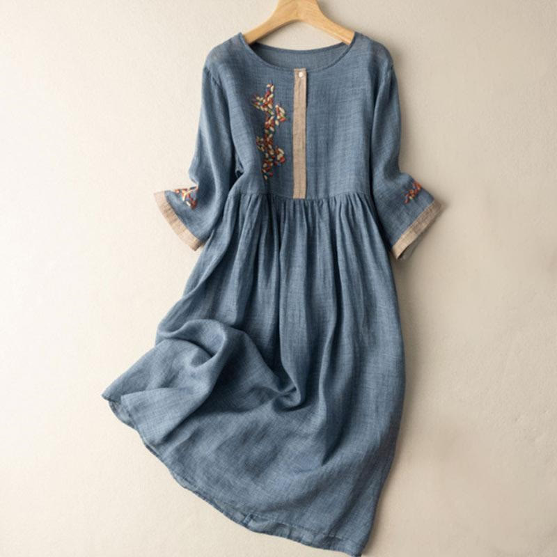 Robe mi-longue en coton et lin à manches mi-longues et broderie ethnique Buddha Stones Spring pour femme - Bleu acier - US8-10，UK/AU12-14，EU40-42 (2XL) - image 11