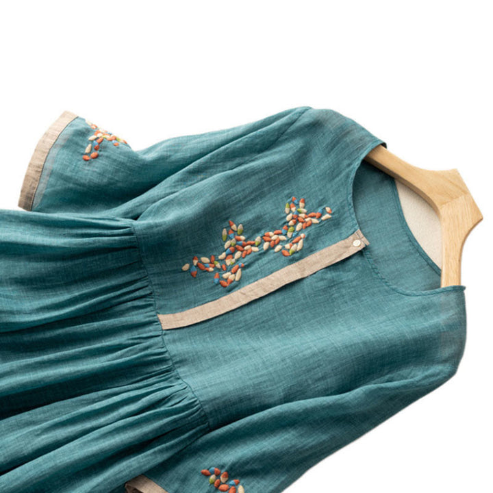 Robe mi-longue en coton et lin à manches mi-longues et broderie ethnique Buddha Stones Spring pour femme - image 9