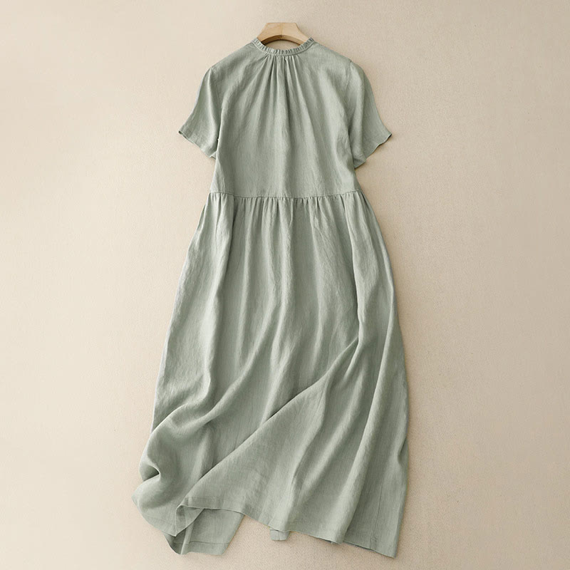 Robe longue décontractée en coton et lin avec poches et boutons, Buddha Stones ras du cou et volants, manches courtes, pour femme