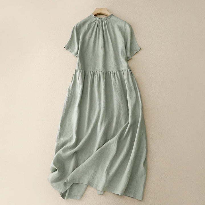 Robe longue décontractée en coton et lin avec poches et boutons, Buddha Stones ras du cou et volants, manches courtes, pour femme
