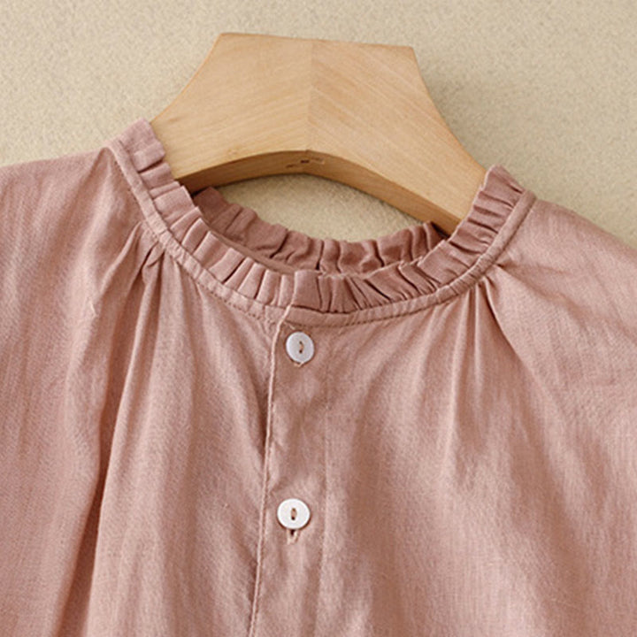 Robe longue décontractée en coton et lin avec poches et boutons, Buddha Stones ras du cou et volants, manches courtes, pour femme
