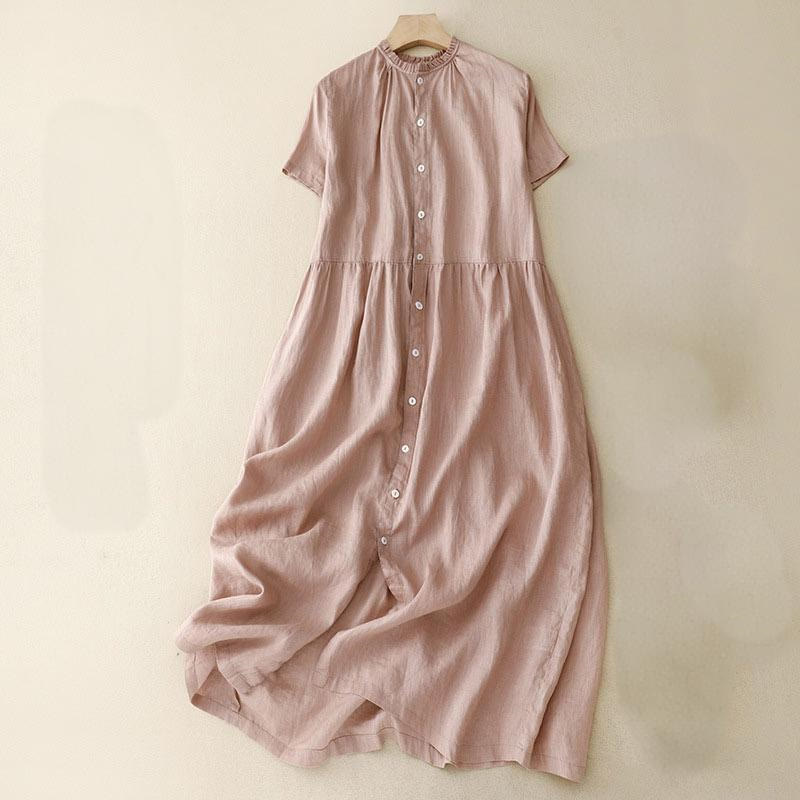 Robe longue décontractée en coton et lin avec poches et boutons, Buddha Stones ras du cou et volants, manches courtes, pour femme