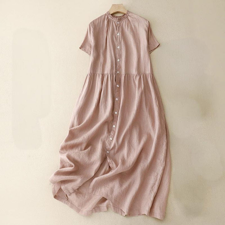Robe longue décontractée en coton et lin avec poches et boutons, Buddha Stones ras du cou et volants, manches courtes, pour femme