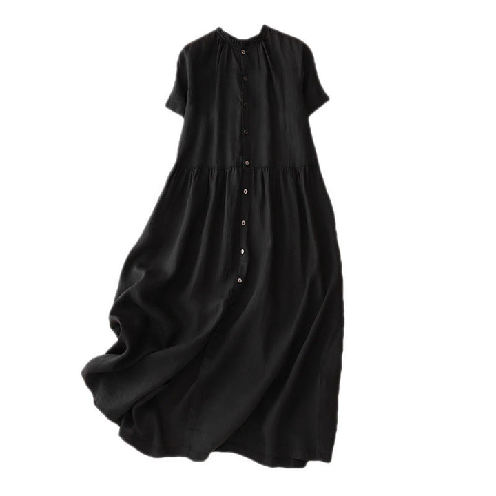 Robe longue décontractée en coton et lin avec poches et boutons, Buddha Stones ras du cou et volants, manches courtes, pour femme