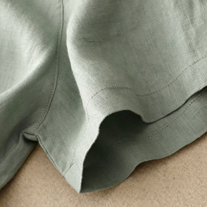 Robe mi-longue décontractée en coton et lin pour femme, à Buddha Stones, col ras du cou et volants, à manches courtes - image 7