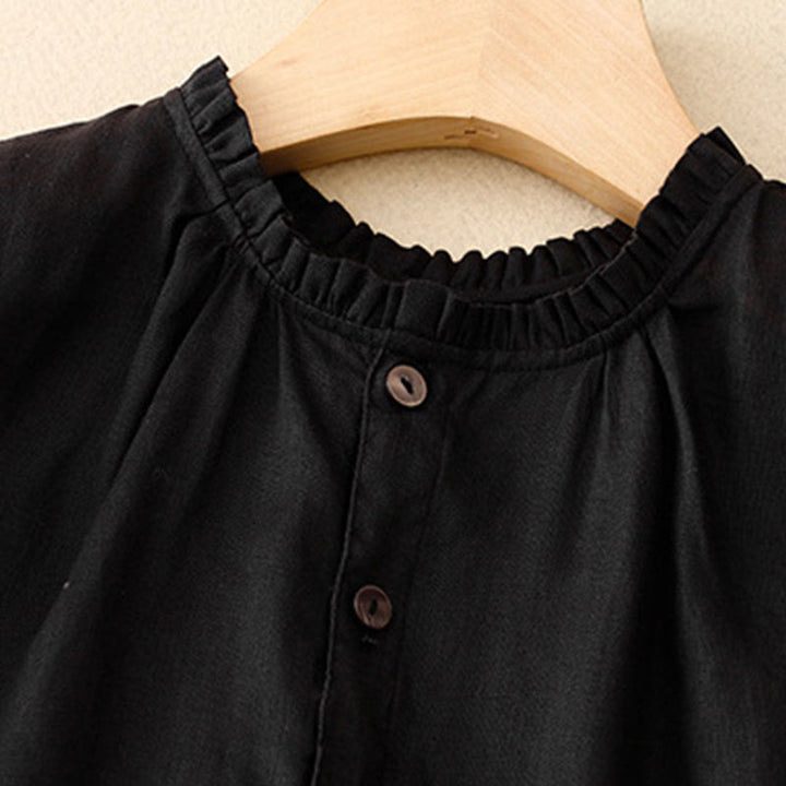 Robe longue décontractée en coton et lin avec poches et boutons, Buddha Stones ras du cou et volants, manches courtes, pour femme