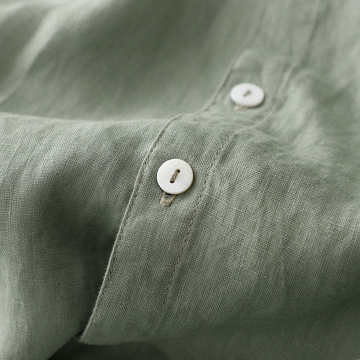 Robe mi-longue décontractée en coton et lin pour femme, à Buddha Stones, col ras du cou et volants, à manches courtes - image 3