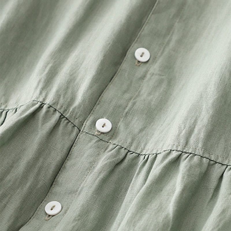 Robe mi-longue décontractée en coton et lin pour femme, à Buddha Stones, col ras du cou et volants, à manches courtes - image 4