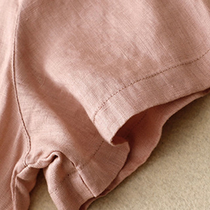 Robe longue décontractée en coton et lin avec poches et boutons, Buddha Stones ras du cou et volants, manches courtes, pour femme
