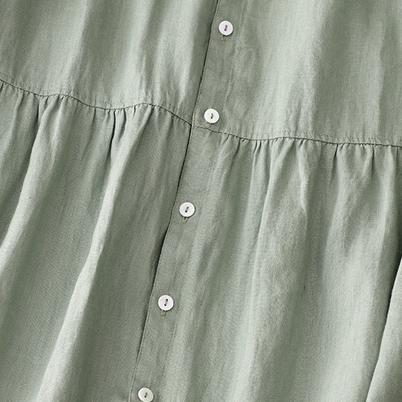 Robe longue décontractée en coton et lin avec poches et boutons, Buddha Stones ras du cou et volants, manches courtes, pour femme