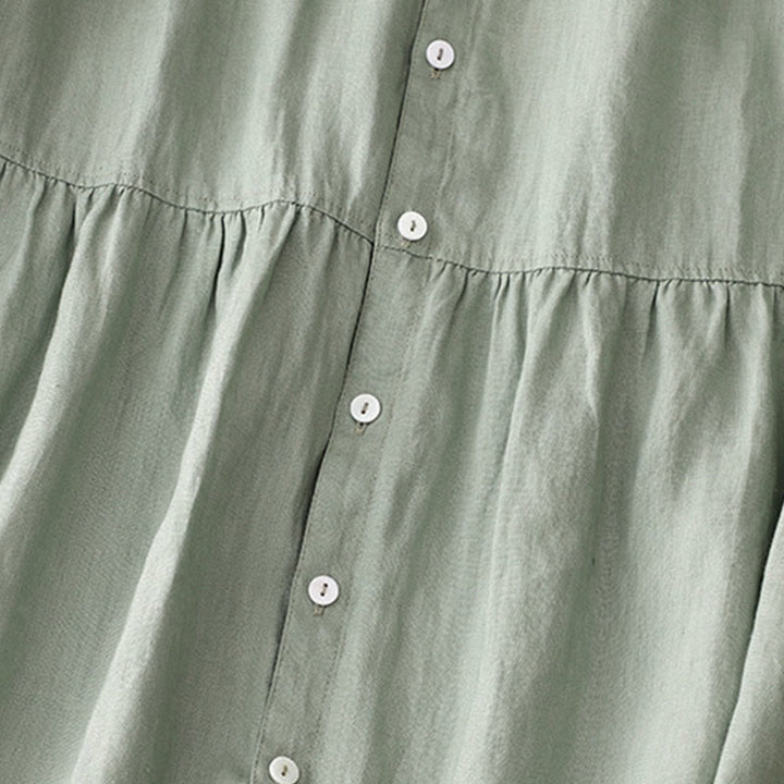 Robe longue décontractée en coton et lin avec poches et boutons, Buddha Stones ras du cou et volants, manches courtes, pour femme