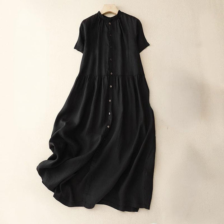 Robe longue décontractée en coton et lin avec poches et boutons, Buddha Stones ras du cou et volants, manches courtes, pour femme