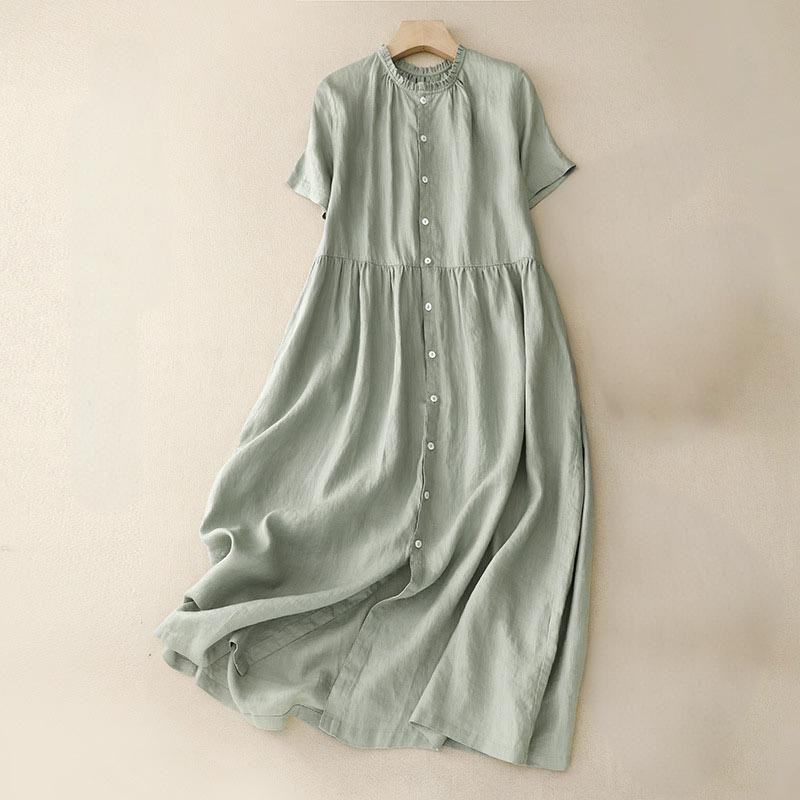 Robe mi-longue décontractée en coton et lin pour femme, à Buddha Stones, col ras du cou et volants, à manches courtes - Vert clair - US8-10，UK/AU12-14，EU40-42 (2XL) - image 1