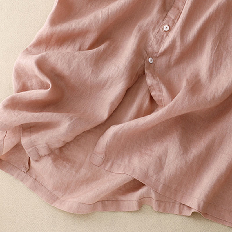 Robe longue décontractée en coton et lin avec poches et boutons, Buddha Stones ras du cou et volants, manches courtes, pour femme