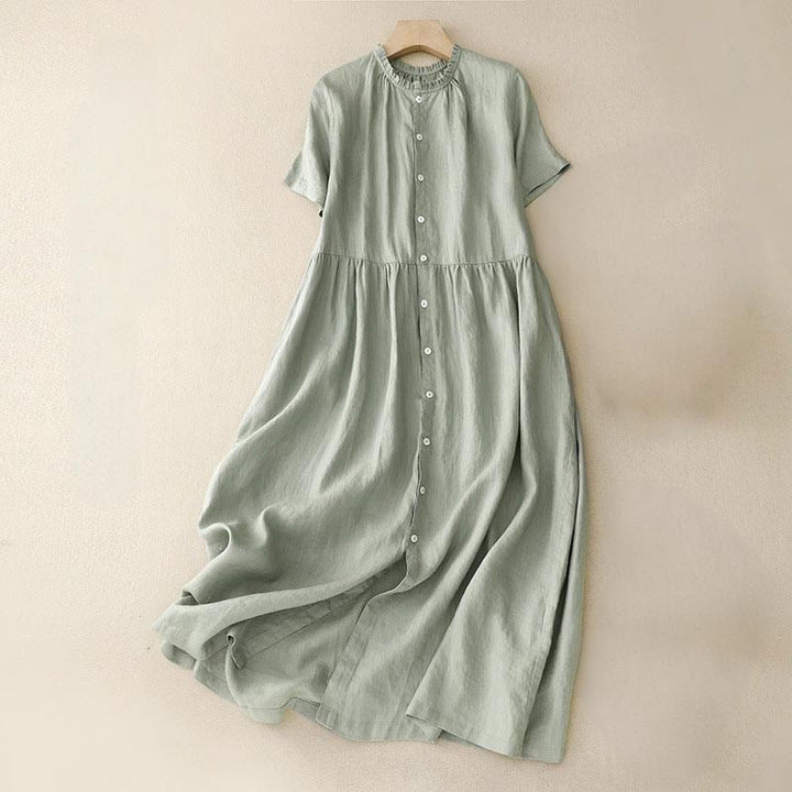 Robe longue décontractée en coton et lin avec poches et boutons, Buddha Stones ras du cou et volants, manches courtes, pour femme