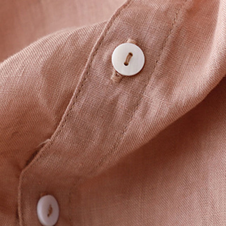 Robe longue décontractée en coton et lin avec poches et boutons, Buddha Stones ras du cou et volants, manches courtes, pour femme