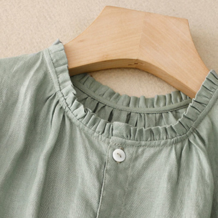 Robe mi-longue décontractée en coton et lin pour femme, à Buddha Stones, col ras du cou et volants, à manches courtes - image 2