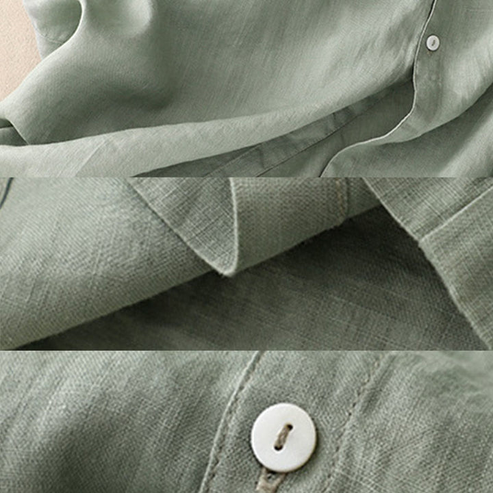Robe longue décontractée en coton et lin avec poches et boutons, Buddha Stones ras du cou et volants, manches courtes, pour femme