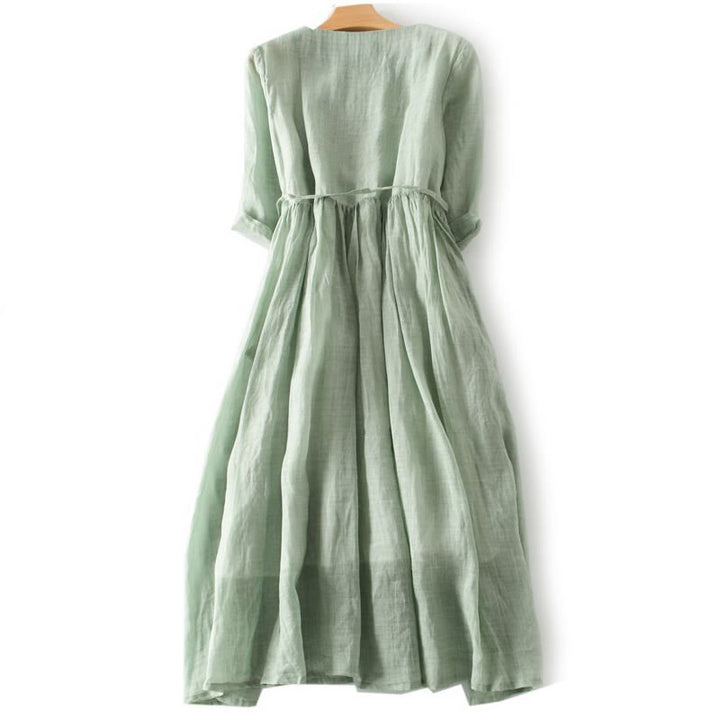 Robe mi-longue décontractée à volants et manches courtes pour femme, avec lacets et poches, style Buddha Stones - image 1