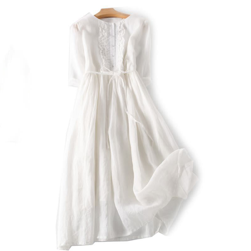 Robe mi-longue décontractée à volants et manches courtes pour femme, avec lacets et poches, style Buddha Stones - Blanc - US8-10，UK/AU12-14，EU40-42 (2XL) - image 14