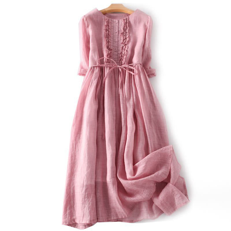 Robe mi-longue décontractée à volants et manches courtes pour femme, avec lacets et poches, style Buddha Stones - LightCoral - US8-10，UK/AU12-14，EU40-42 (2XL) - image 8