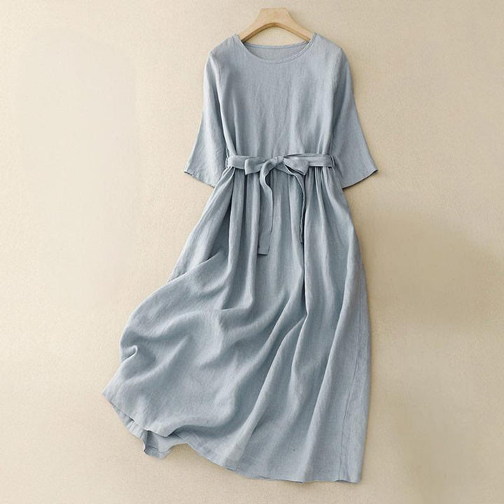 Robe longue d' Buddha Stones en coton et lin à lacets et manches trois-quarts pour femme, couleur pure, avec poches