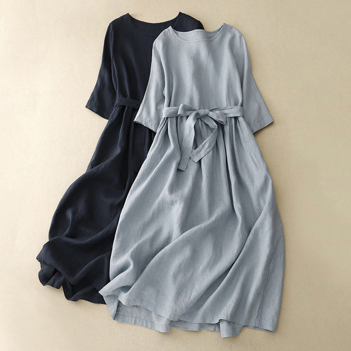 Robe longue d' Buddha Stones en coton et lin à lacets et manches trois-quarts pour femme, couleur pure, avec poches