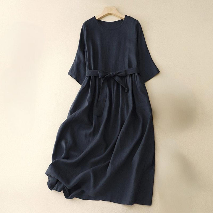Robe longue d' Buddha Stones en coton et lin à lacets et manches trois-quarts pour femme, couleur pure, avec poches
