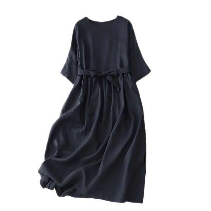 Robe longue d' Buddha Stones en coton et lin à lacets et manches trois-quarts pour femme, couleur pure, avec poches