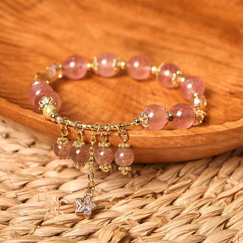 Bracelet positif en quartz fraise naturel avec trèfle à quatre feuilles et étoile Buddha Stones