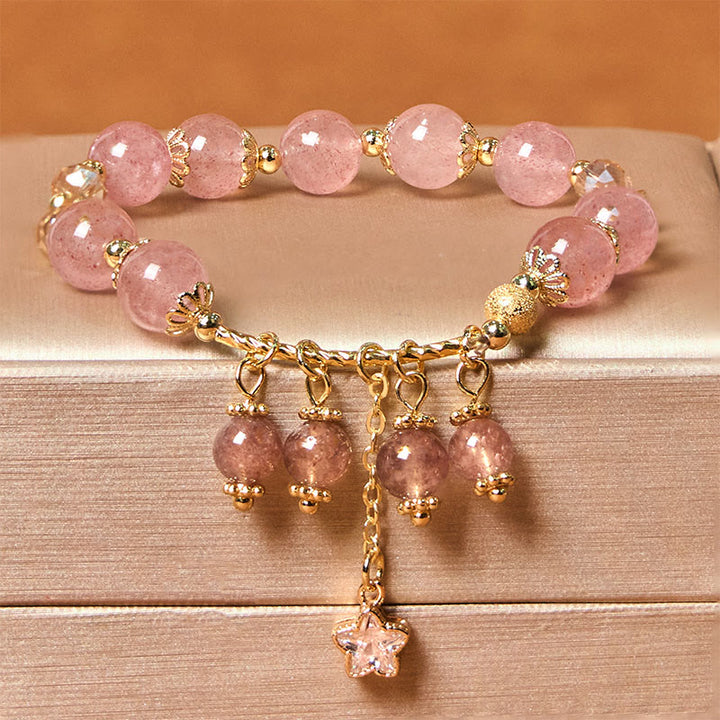 Bracelet positif en quartz fraise naturel avec trèfle à quatre feuilles et étoile Buddha Stones