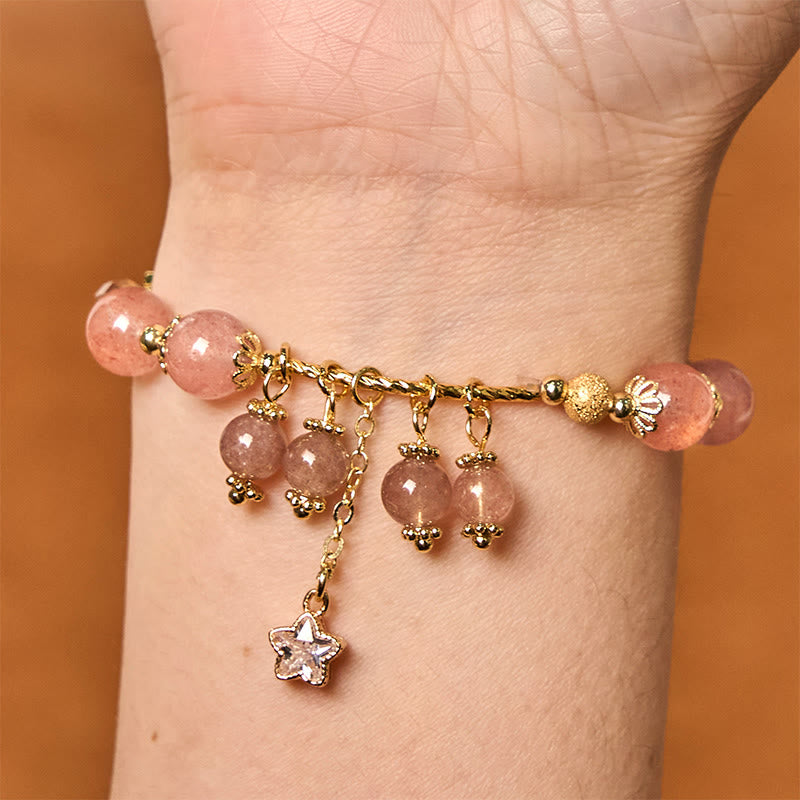 Bracelet positif en quartz fraise naturel avec trèfle à quatre feuilles et étoile Buddha Stones