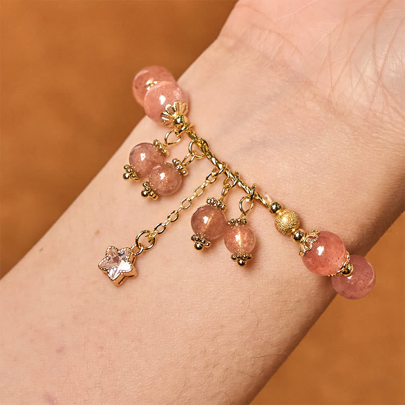 Bracelet positif en quartz fraise naturel avec trèfle à quatre feuilles et étoile Buddha Stones