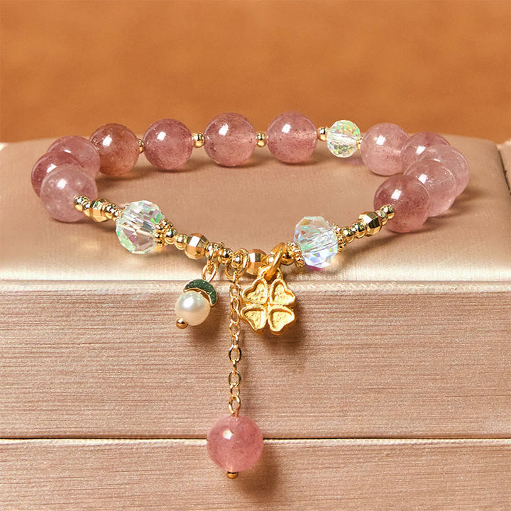 Bracelet de guérison en trèfle à quatre feuilles en quartz fraise naturel Buddha Stones
