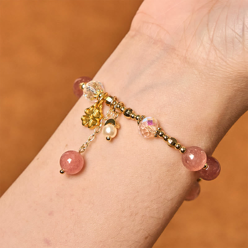Bracelet de guérison en trèfle à quatre feuilles en quartz fraise naturel Buddha Stones