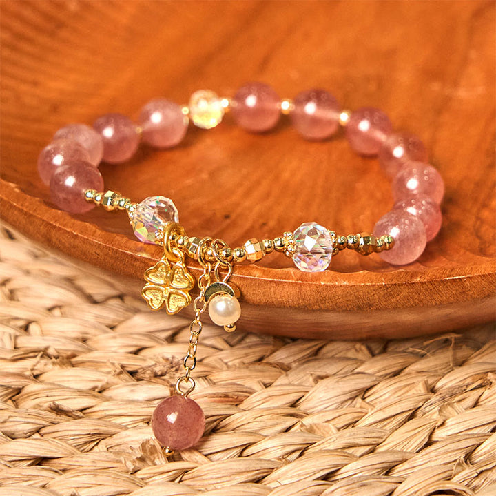 Bracelet de guérison en trèfle à quatre feuilles en quartz fraise naturel Buddha Stones