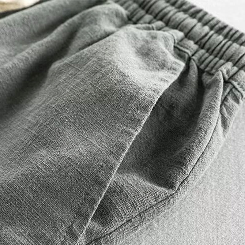 Short homme en coton et lin avec cordon de serrage et taille élastique et poches Motif Buddha Stones