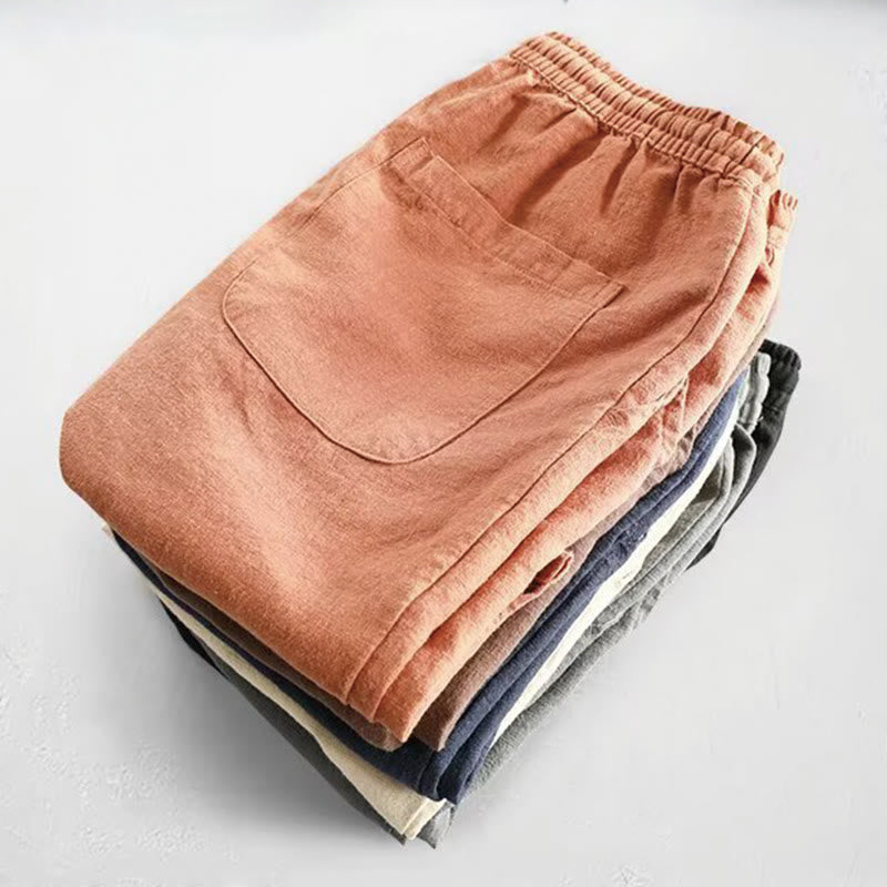 Short homme en coton et lin avec cordon de serrage et taille élastique et poches Motif Buddha Stones
