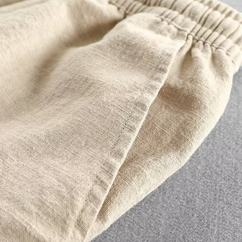 Short homme en coton et lin avec cordon de serrage et taille élastique et poches Motif Buddha Stones