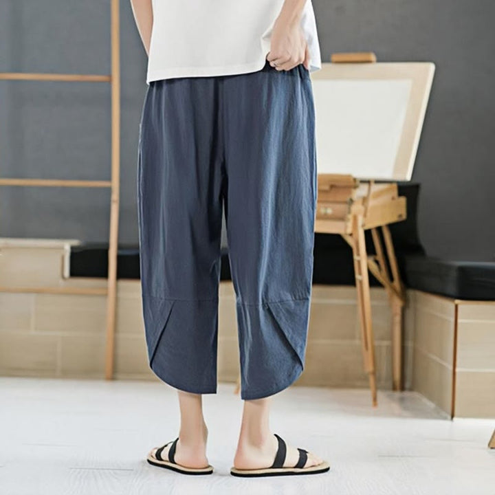 Pantalon d'été en coton et lin pour homme, couleur unie, longueur 7-8, avec cordon de serrage et poches