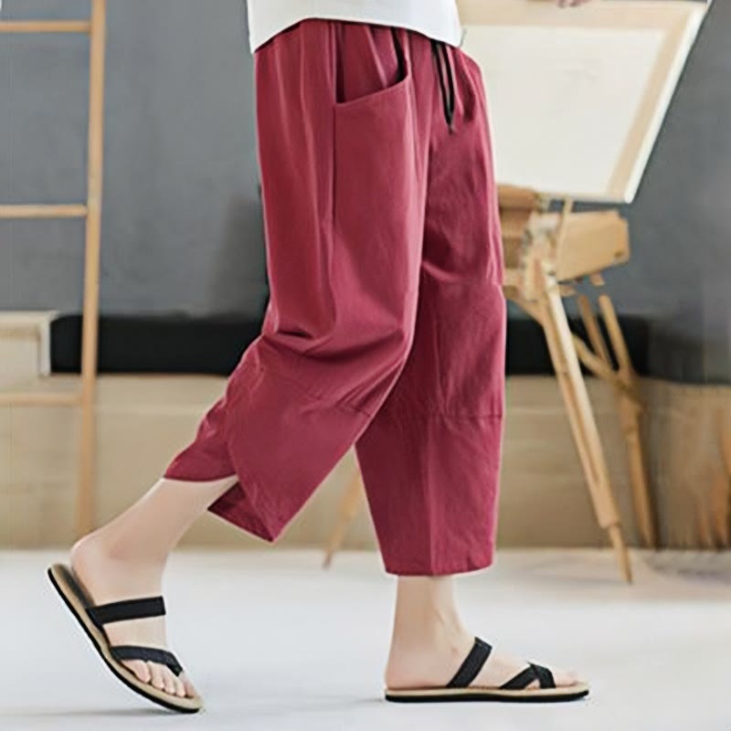 Pantalon d'été en coton et lin pour homme, couleur unie, longueur 7-8, avec cordon de serrage et poches