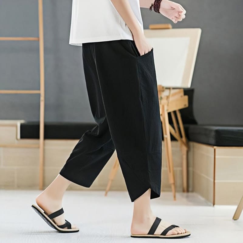 Pantalon d'été en coton et lin pour homme, couleur unie, longueur 7-8, avec cordon de serrage et poches