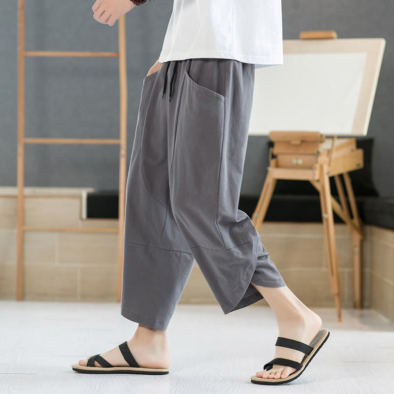 Pantalon d'été en coton et lin pour homme, couleur unie, longueur 7-8, avec cordon de serrage et poches