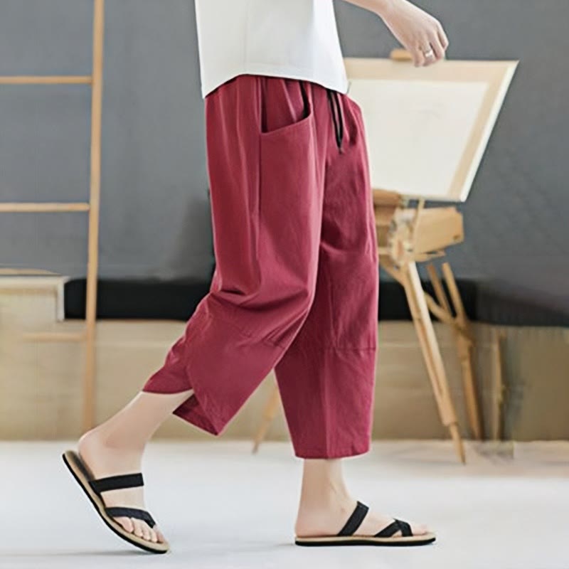 Pantalon d'été en coton et lin pour homme, couleur unie, longueur 7-8, avec cordon de serrage et poches