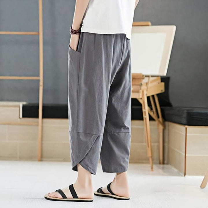 Pantalon d'été en coton et lin pour homme, couleur unie, longueur 7-8, avec cordon de serrage et poches